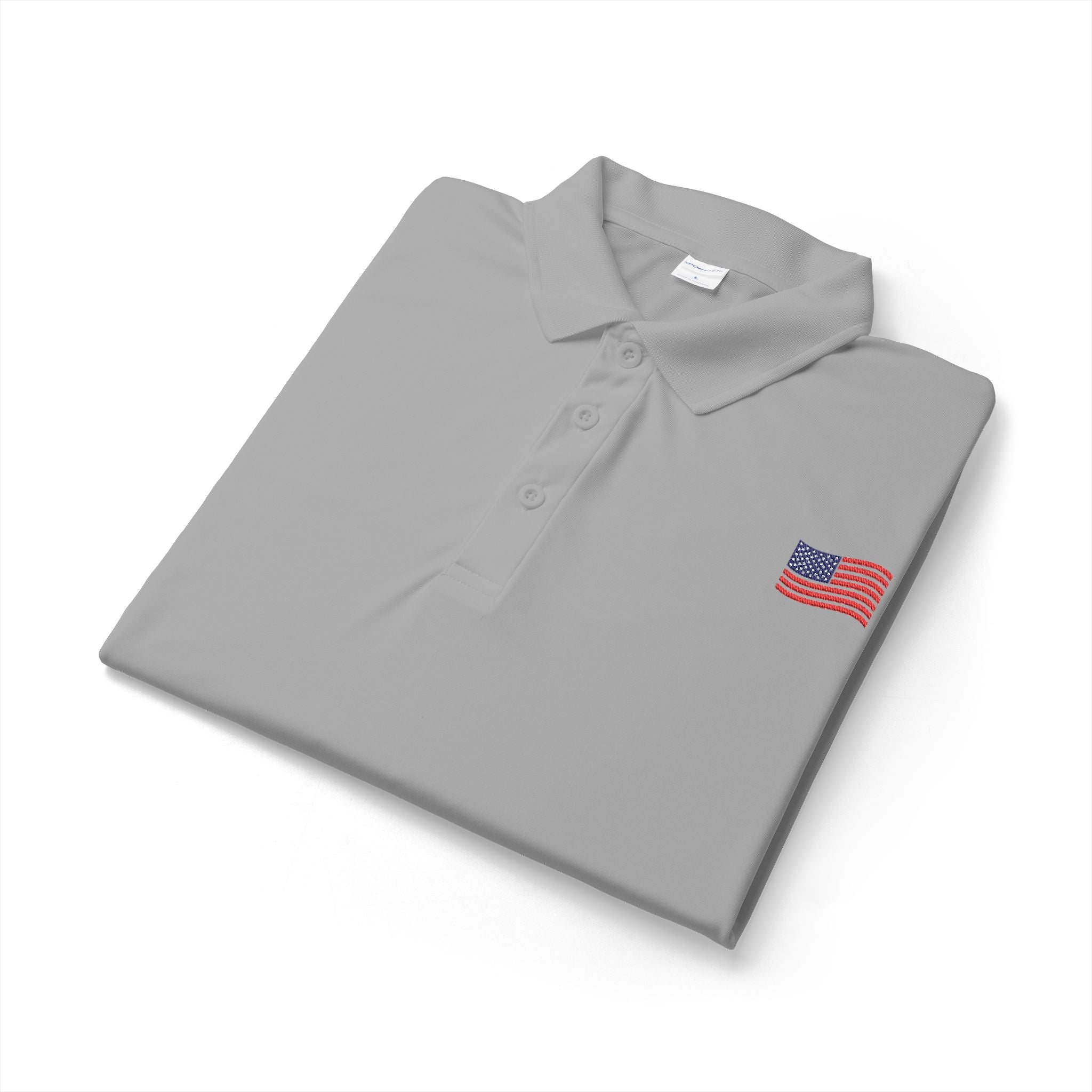 White Polo Shirt with Small American Flag Embroidery — Patriotic Performance Polo