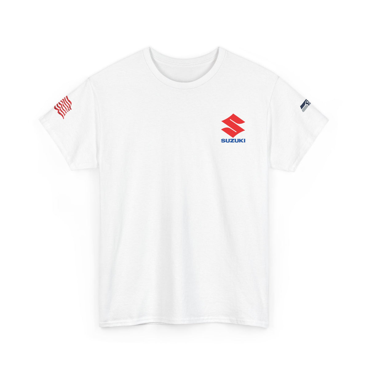 Suzuki Logo White Tee — Small Chest Emblem with American Flag Sleeve