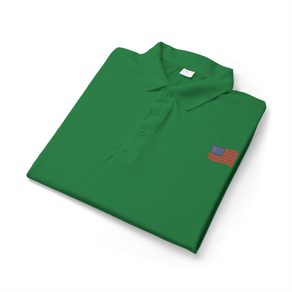 White Polo Shirt with Small American Flag Embroidery — Patriotic Performance Polo