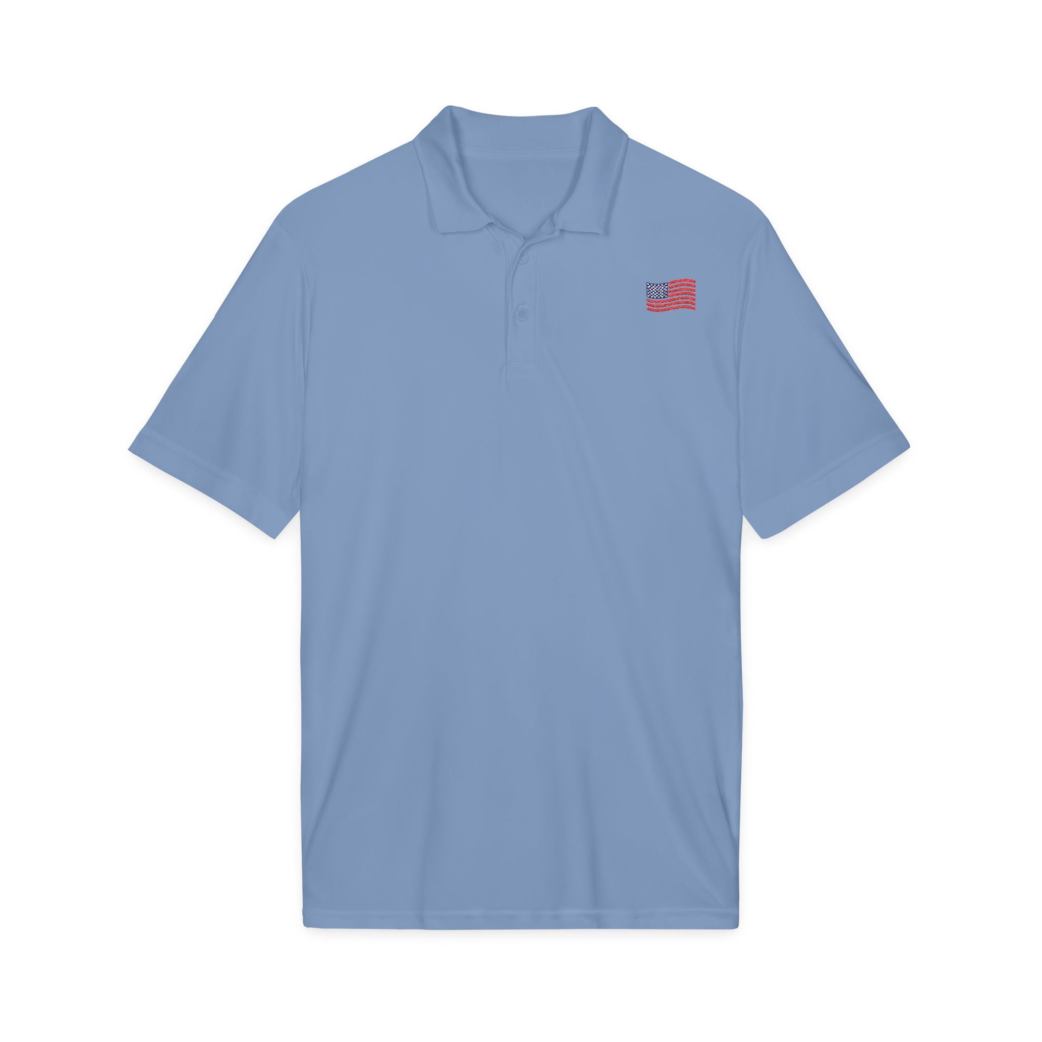 White Polo Shirt with Small American Flag Embroidery — Patriotic Performance Polo