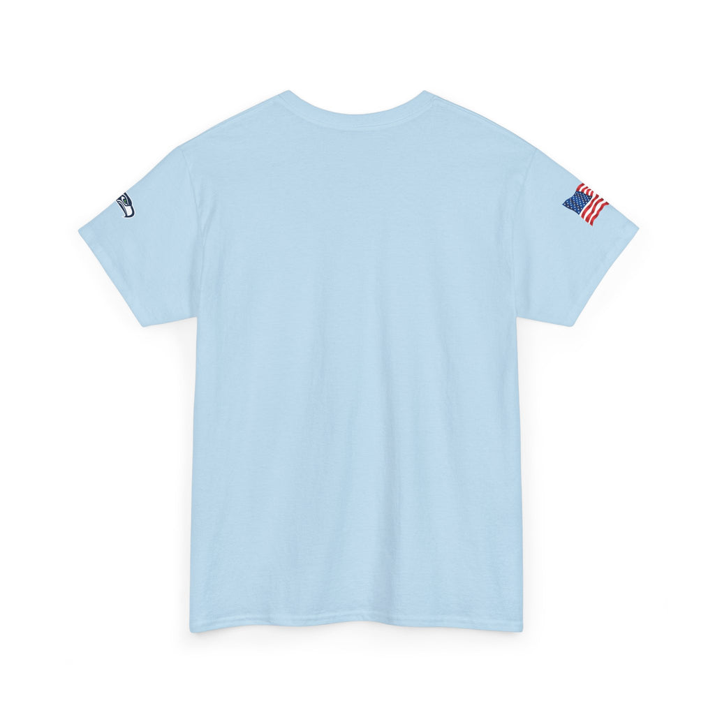 Suzuki Logo White Tee — Small Chest Emblem with American Flag Sleeve