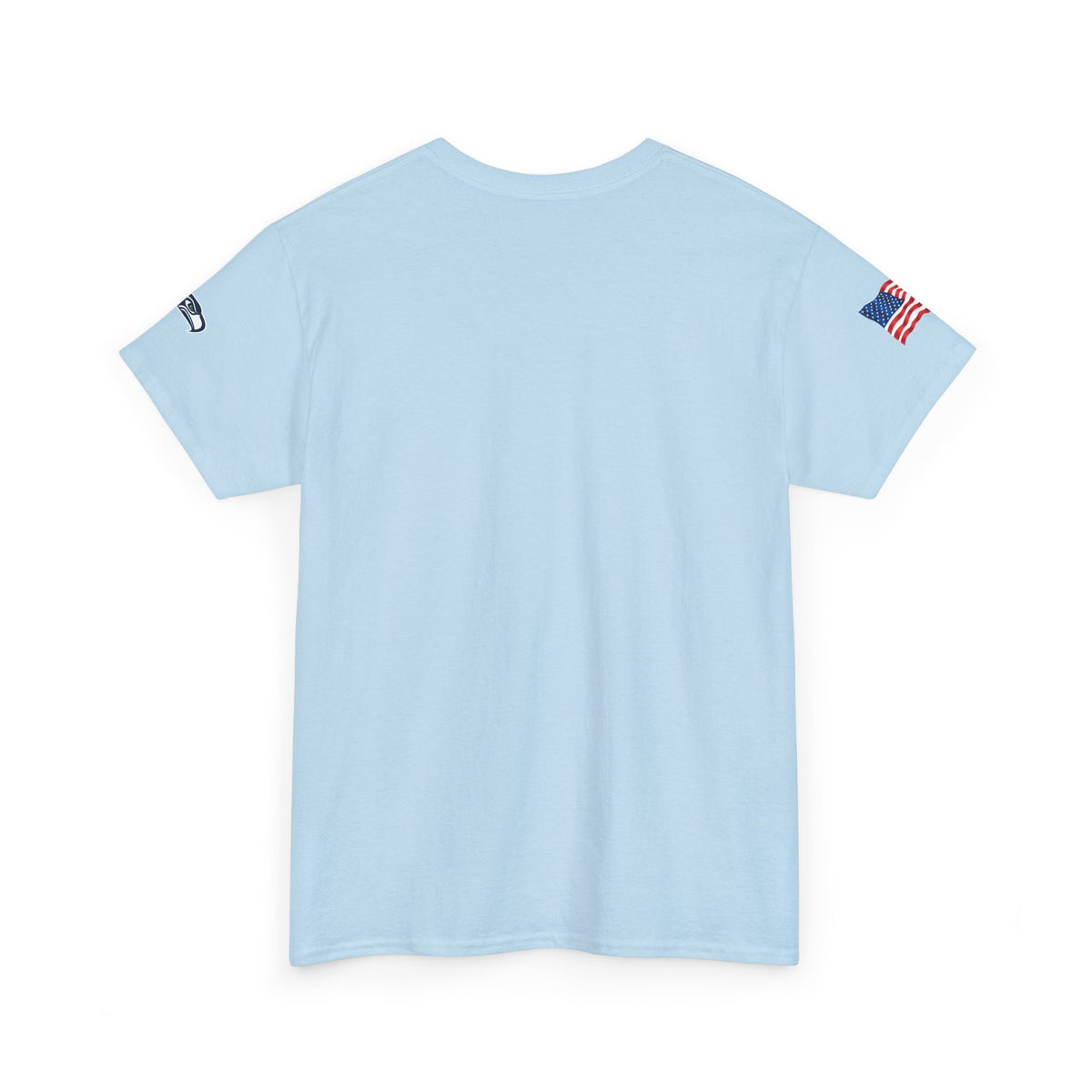 Suzuki Logo White Tee — Small Chest Emblem with American Flag Sleeve
